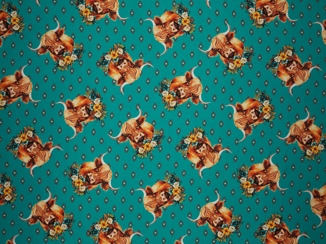 Charmeuse Satin sublimation  fabric by the yard -    Highland cow with flowers  tribal print