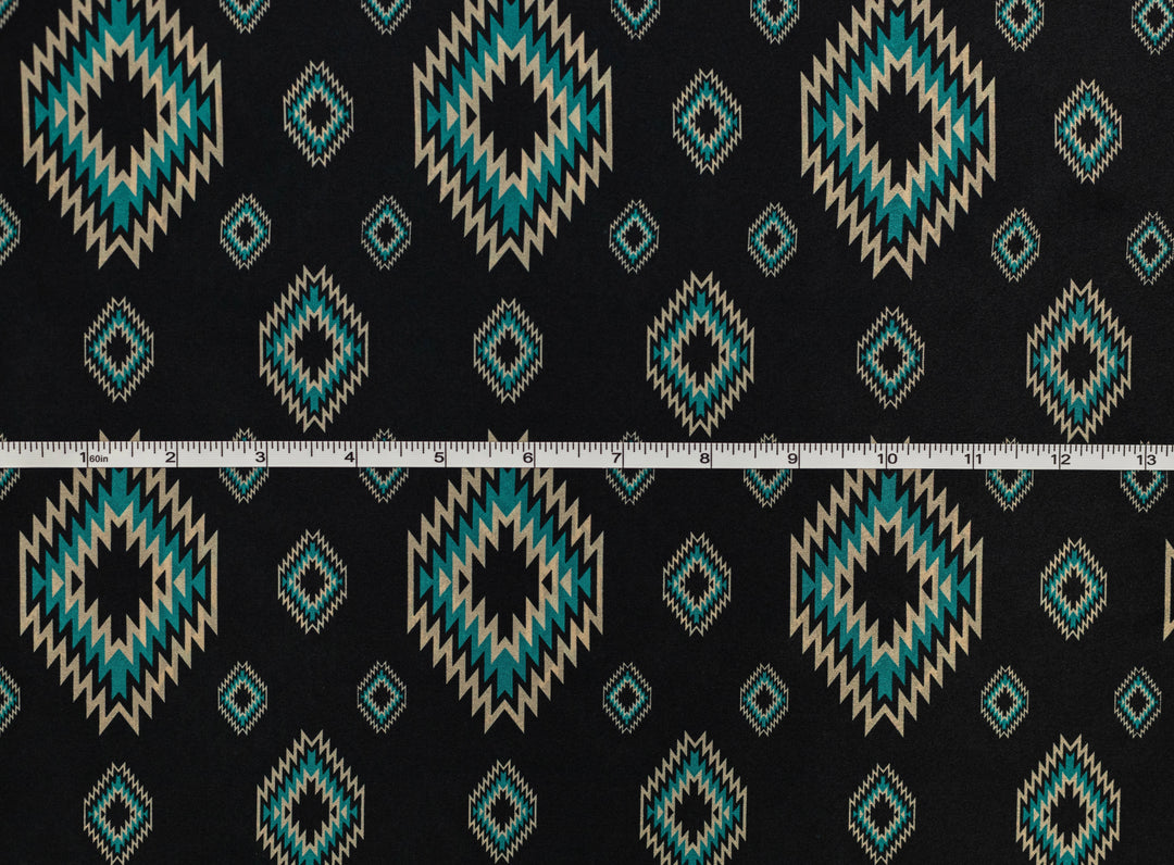 Western Black and Teal Tribal  Satin Charmeuse Fabric by the Yard – Silky Cowboy Wild rag  Shirt Fabric