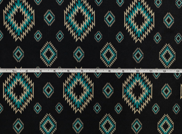 Western Black and Teal Tribal  Satin Charmeuse Fabric by the Yard – Silky Cowboy Wild rag  Shirt Fabric