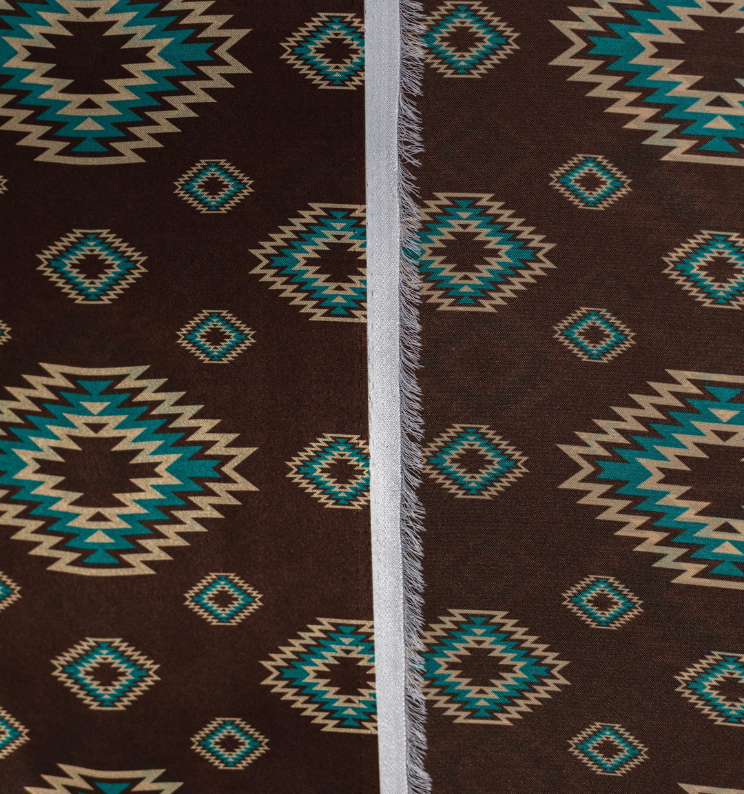 Western Brown and Teal Tribal  Satin Charmeuse Fabric by the Yard – Silky Cowboy Wild rag  Shirt Fabric