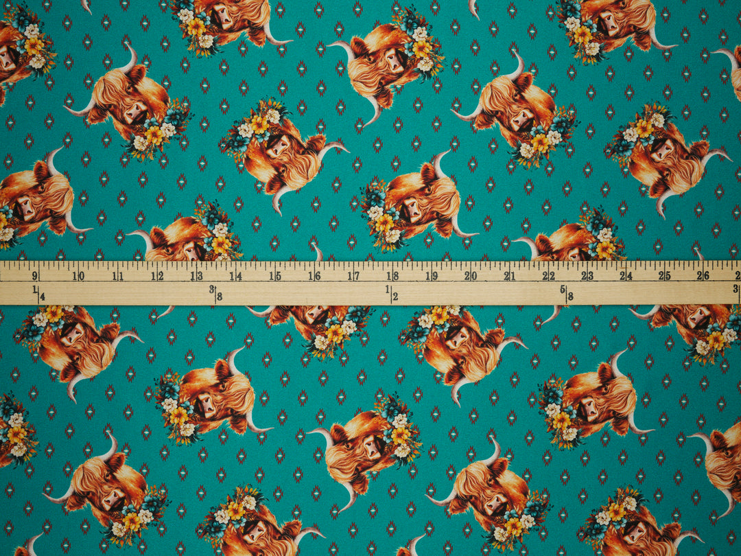 Charmeuse Satin sublimation  fabric by the yard -    Highland cow with flowers  tribal print