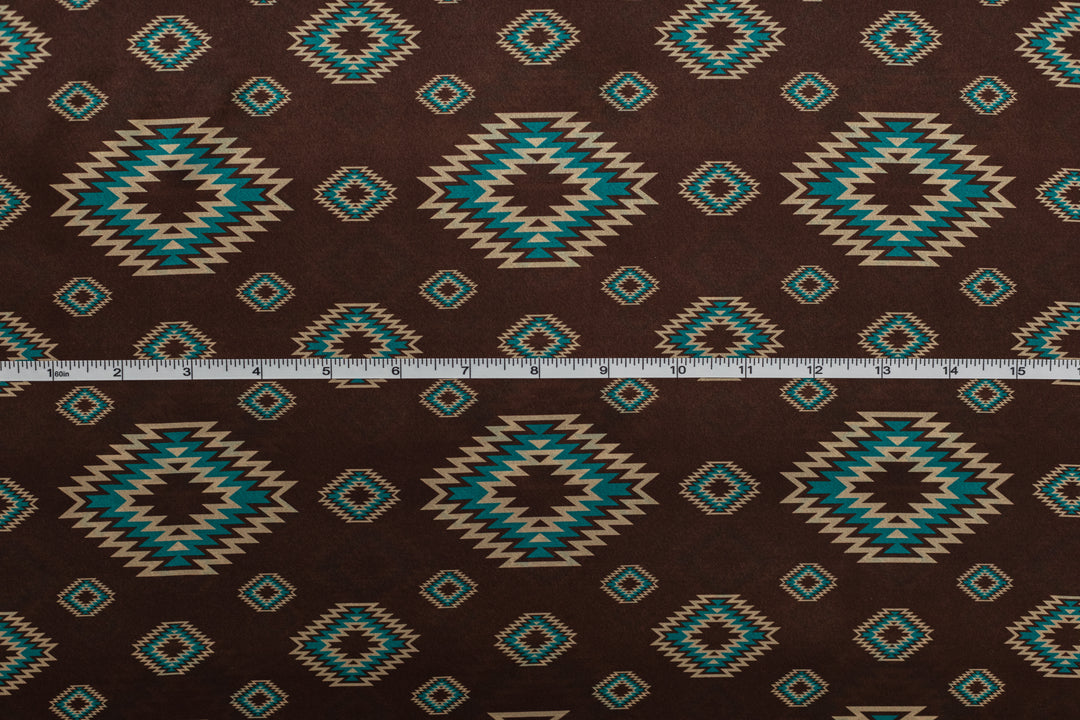 Western Brown and Teal Tribal  Satin Charmeuse Fabric by the Yard – Silky Cowboy Wild rag  Shirt Fabric