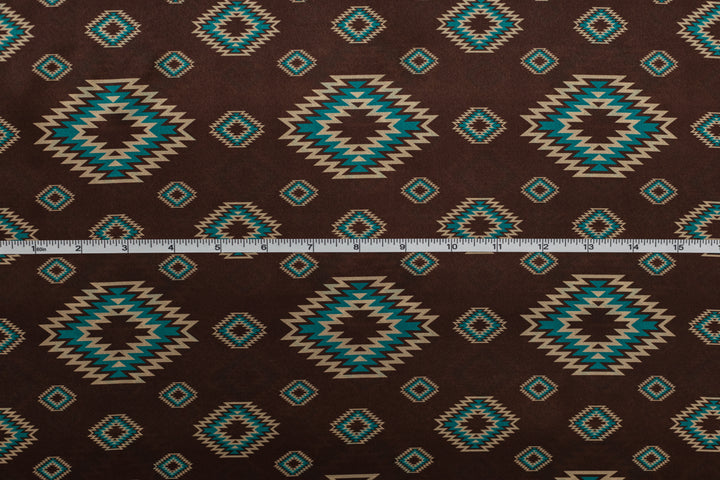 Western Brown and Teal Tribal  Satin Charmeuse Fabric by the Yard – Silky Cowboy Wild rag  Shirt Fabric