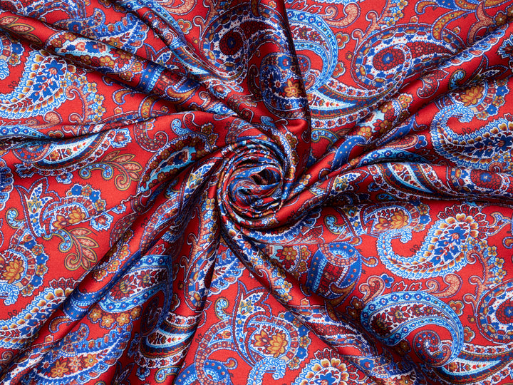 Paisley charmeuse satin fabric by the yard - Red white and blue