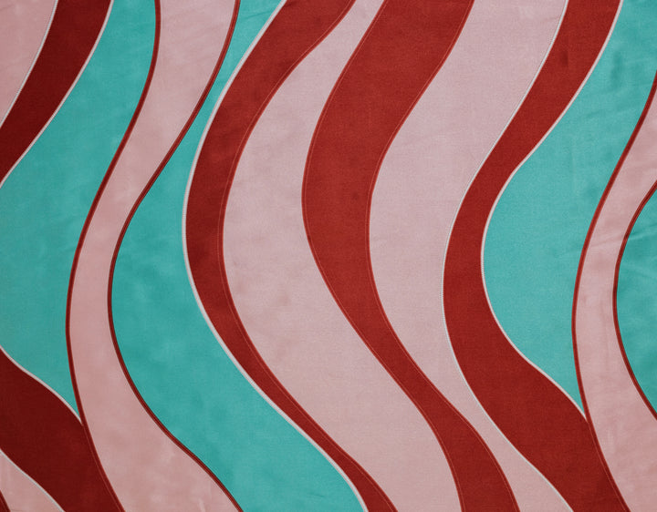 Aqua and Red  print Satin Fabric – Silky Charmeuse for High Fashion, Wild Rags, Curly hair care & Dresses (By the Yard)