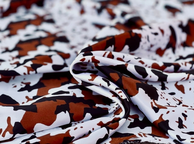 SILKY COWHIDE PRINT /Charmeuse Satin Fabric By The Yard -  Black, Brown  And White Animal Western Fashion
