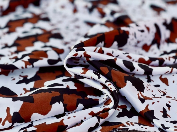 SILKY COWHIDE PRINT /Charmeuse Satin Fabric By The Yard -  Black, Brown  And White Animal Western Fashion