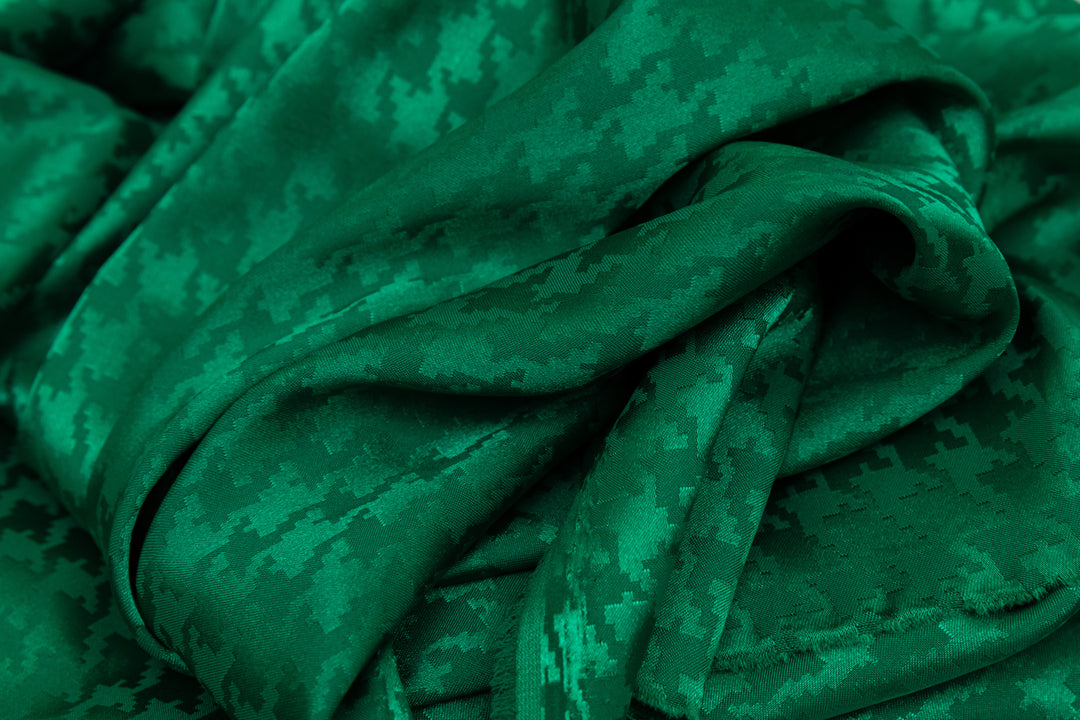 Emerald Houndstooth  print - SILKY JACQUARD SATIN fabric by the yard - luxurious fabric