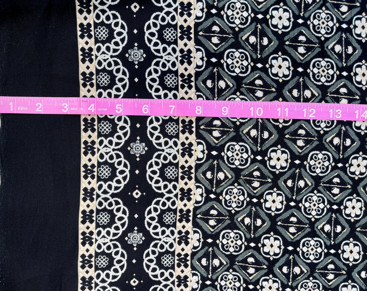 Black and White medallion border  Woolpeach fabric by the yard - soft flowy fabric