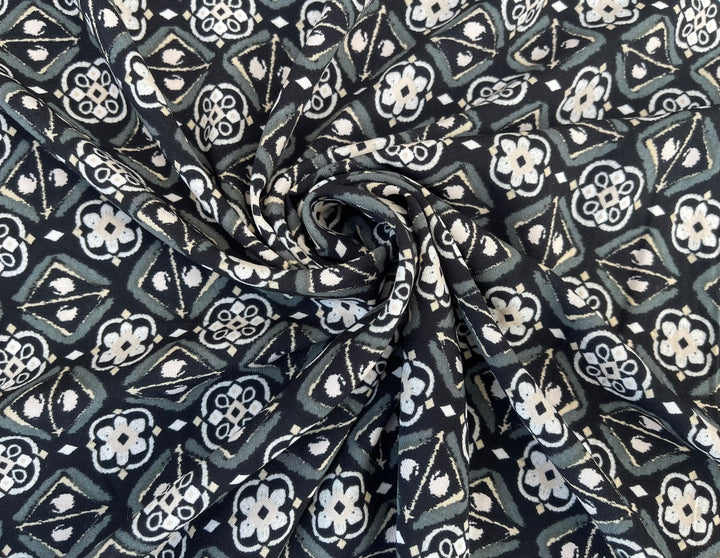 Black and White medallion border  Woolpeach fabric by the yard - soft flowy fabric