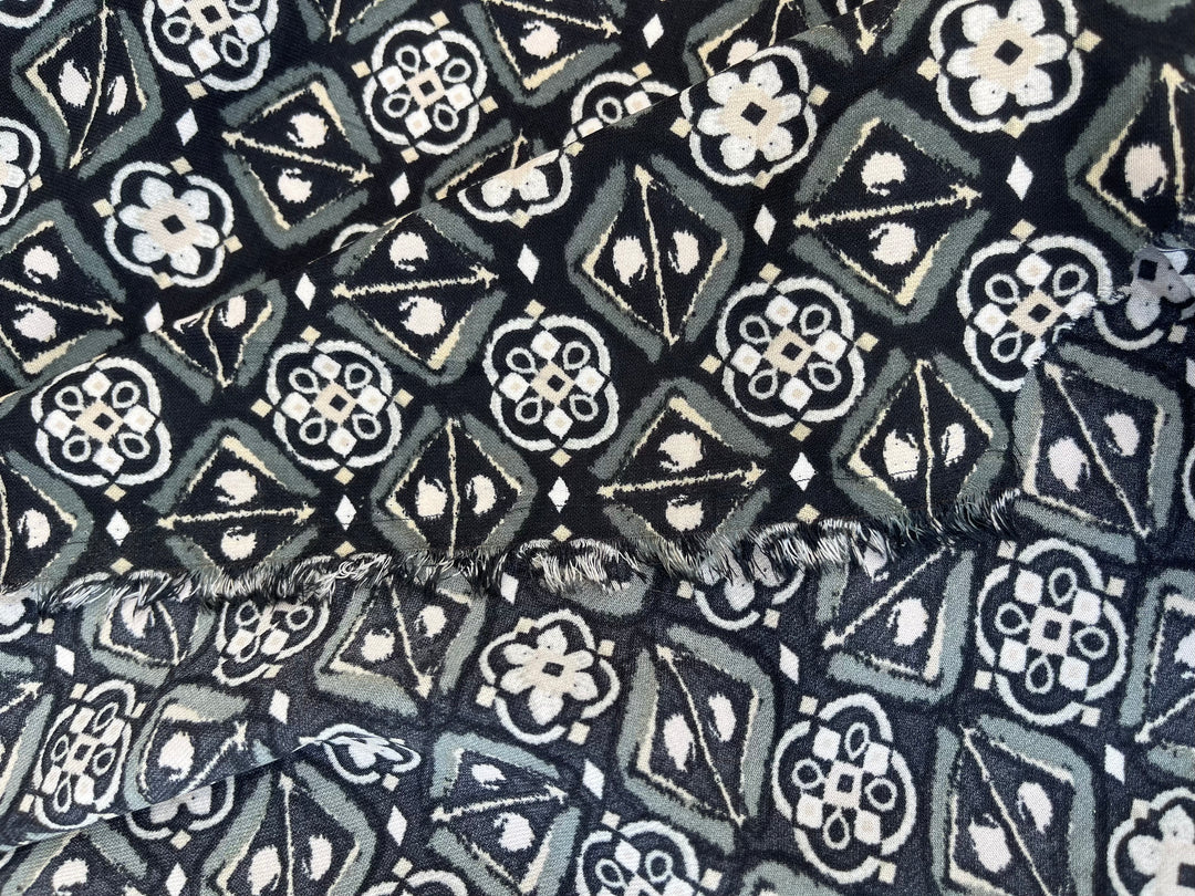 Black and White medallion border  Woolpeach fabric by the yard - soft flowy fabric
