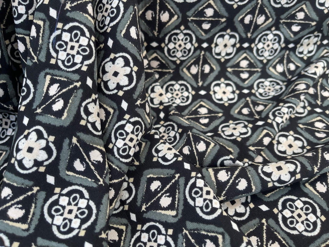 Black and White medallion border  Woolpeach fabric by the yard - soft flowy fabric