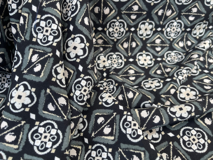 Black and White medallion border  Woolpeach fabric by the yard - soft flowy fabric