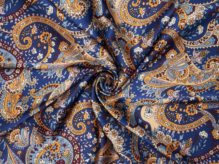 Paisley charmeuse satin fabric by the yard - Green, blue and brown tones