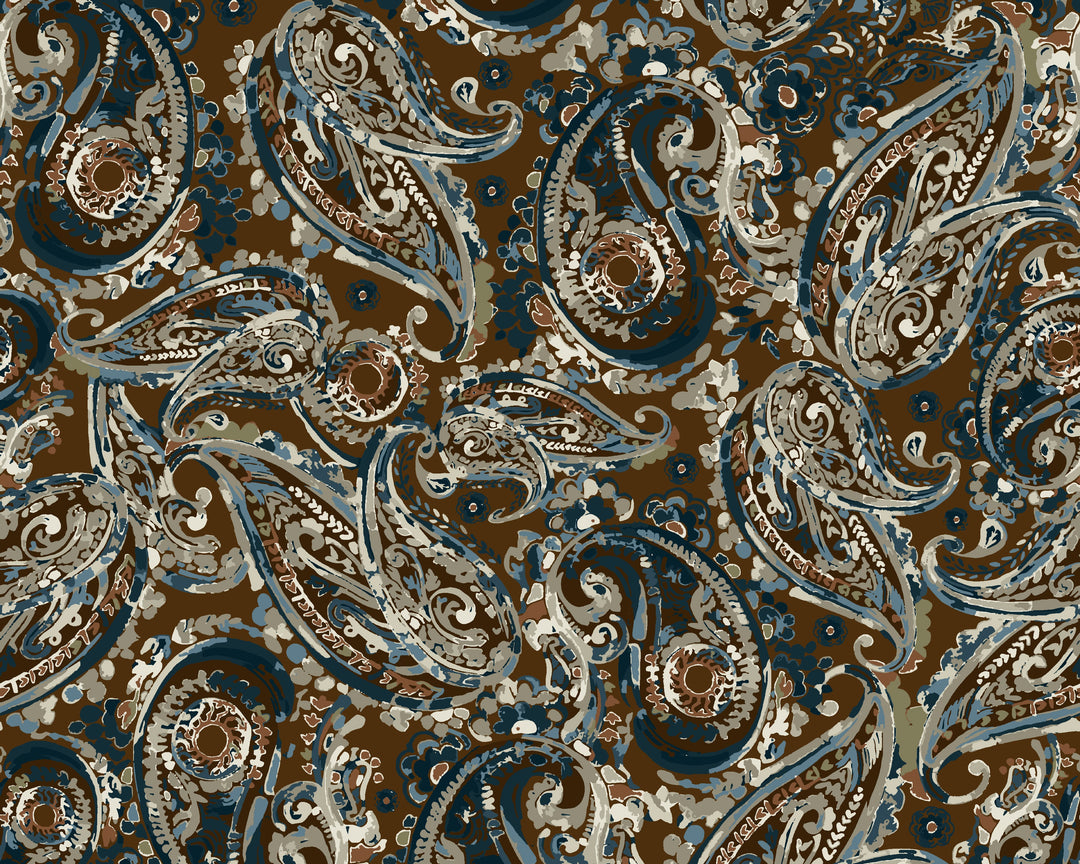 Patterned fabric with intricate paisley design in brown, blue, and beige.