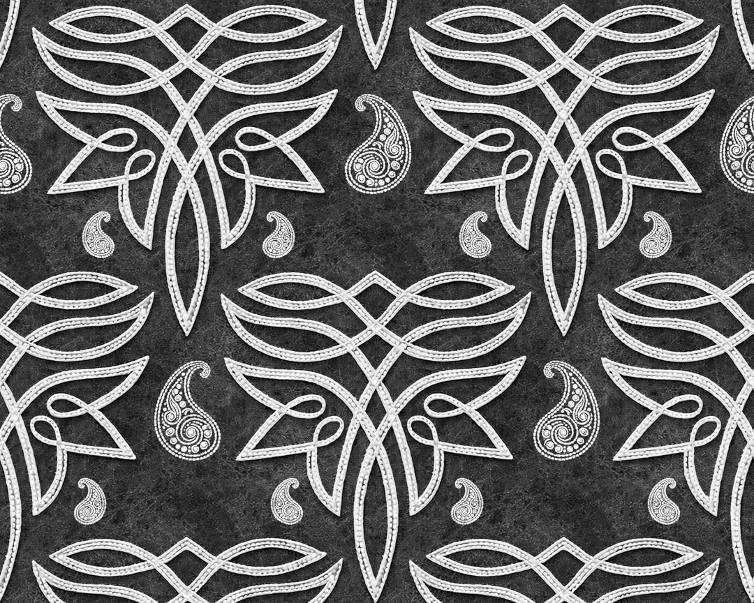 Decorative pattern with white Celtic knots and paisleys on a dark background