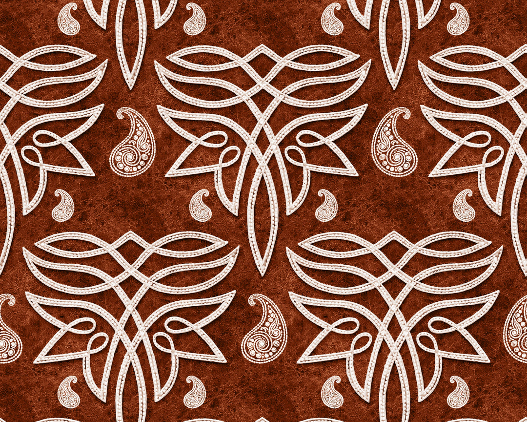 White geometric patterns on a brown textured background