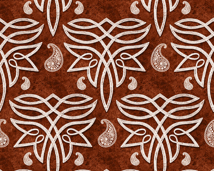 White geometric patterns on a brown textured background