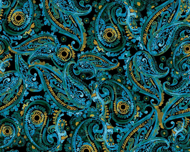 Patterned fabric with blue and yellow paisley design on a black background
