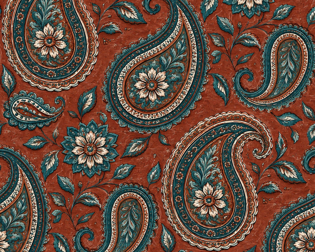 Paisley patterned fabric with floral elements on a red background, size 6x6 inches.