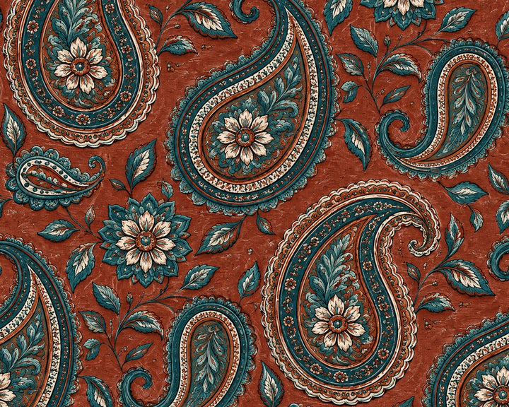 Paisley patterned fabric with floral elements on a red background, size 6x6 inches.