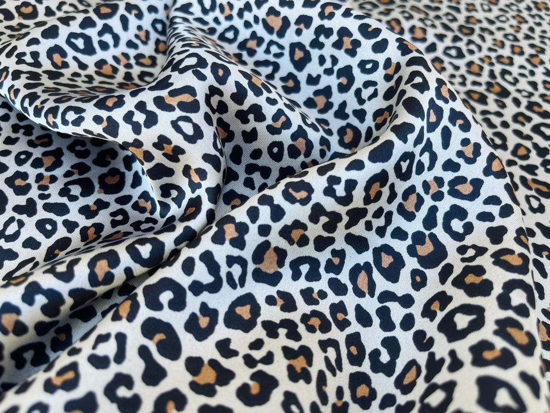 Smokey white  and black  Cheetah animal   print -  Luxury silk Satin  charmeuse fabric by the yard