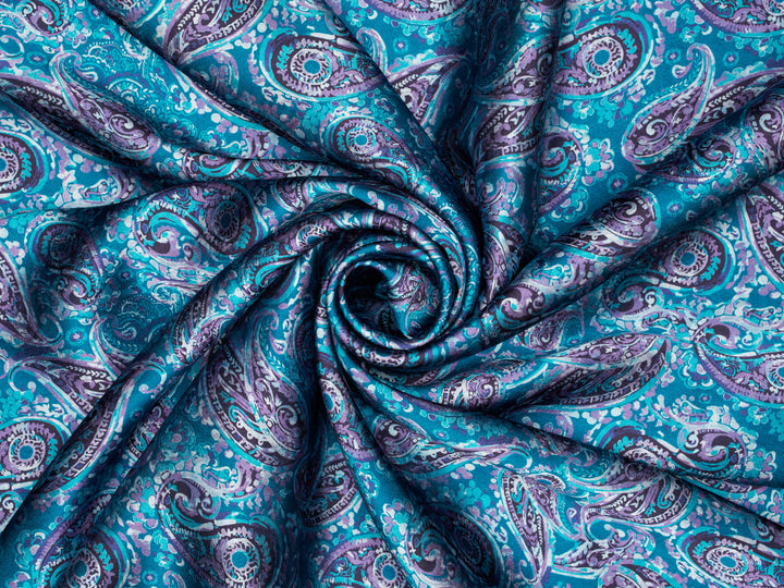 Purple Teal Paisley - Silky Satin Charmeuse print - fabric by the yard -