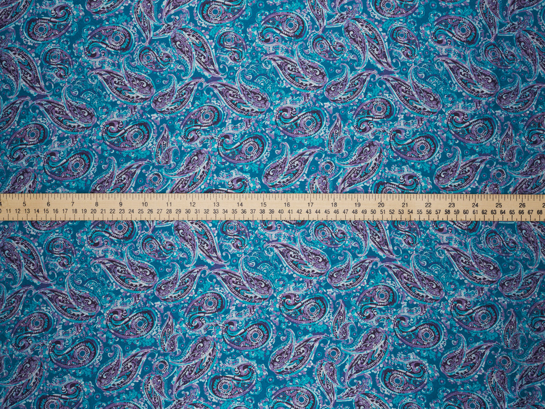 Purple Teal Paisley - Silky Satin Charmeuse print - fabric by the yard -