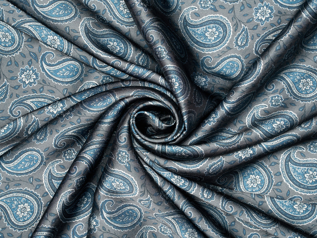 Gray Blue   Paisley   - Silky Satin Charmeuse print - fabric by the yard -