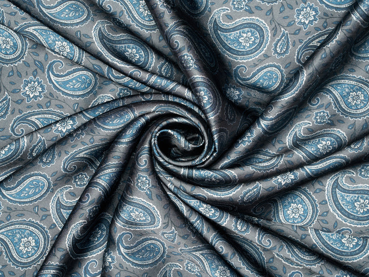 Gray Blue   Paisley   - Silky Satin Charmeuse print - fabric by the yard -