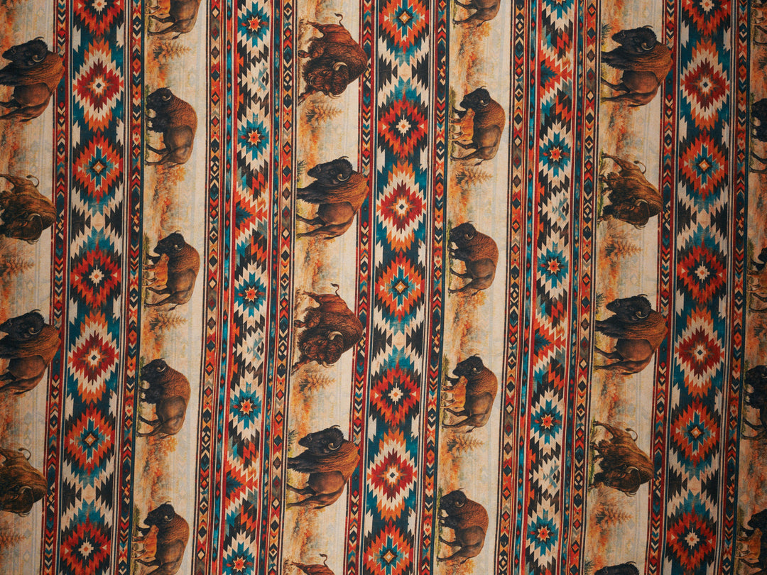 Western Tribal Buffalo  Silky Satin Charmeuse print - fabric by the yard -   Nature Tribal  print