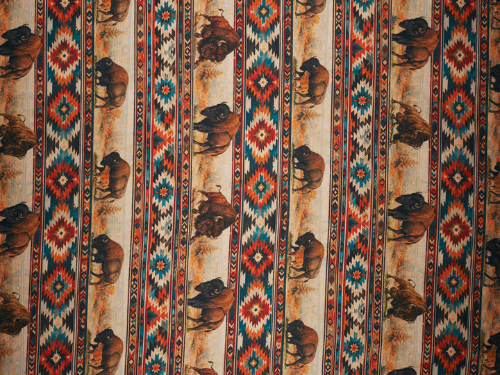 Western Tribal Buffalo  Silky Satin Charmeuse print - fabric by the yard -   Nature Tribal  print