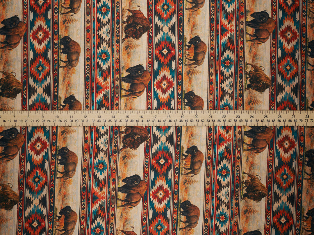 Western Tribal Buffalo  Silky Satin Charmeuse print - fabric by the yard -   Nature Tribal  print