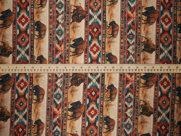 Western Tribal Buffalo  Silky Satin Charmeuse print - fabric by the yard -   Nature Tribal  print