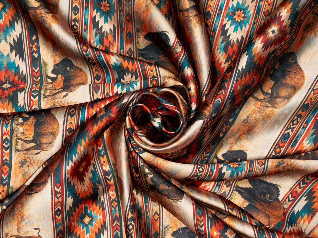Western Tribal Buffalo  Silky Satin Charmeuse print - fabric by the yard -   Nature Tribal  print