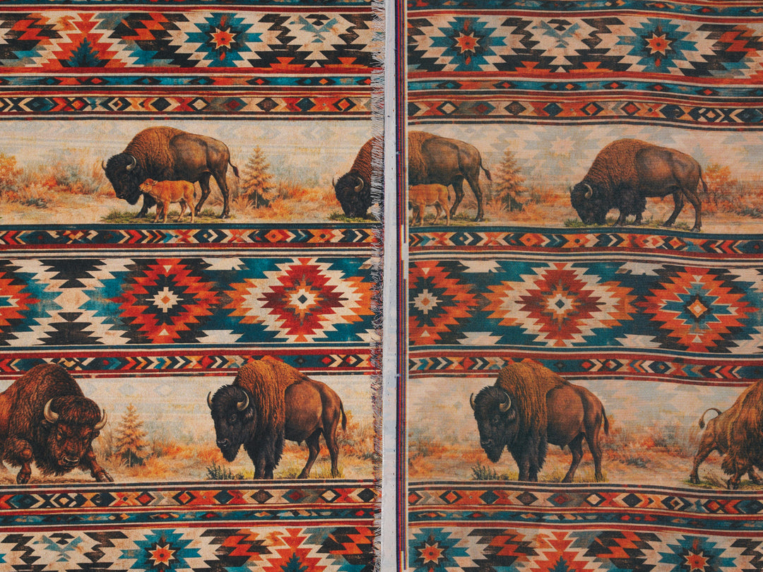 Western Tribal Buffalo  Silky Satin Charmeuse print - fabric by the yard -   Nature Tribal  print