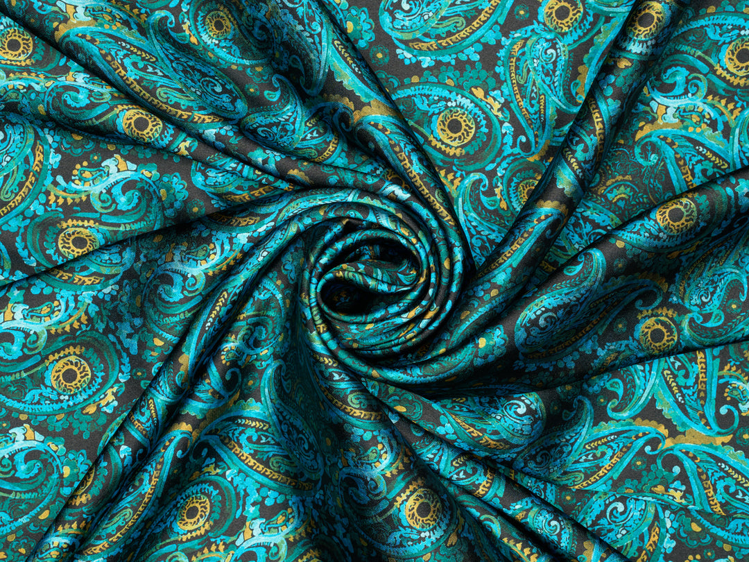 Black Mustard  Paisley - Silky Satin Charmeuse print - fabric by the yard -
