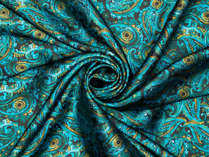 Black Mustard  Paisley - Silky Satin Charmeuse print - fabric by the yard -