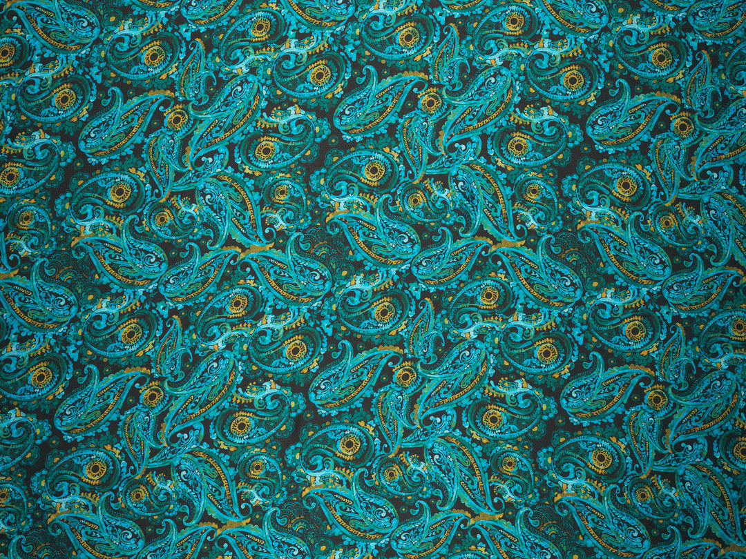 Black Mustard  Paisley - Silky Satin Charmeuse print - fabric by the yard -