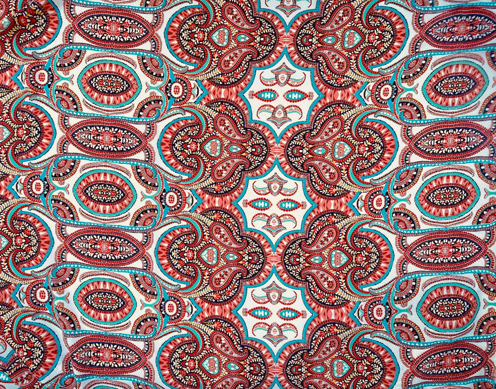 Georgette  boho tribal fabric by the yard - Orange teal turquoise paisley bohemian print