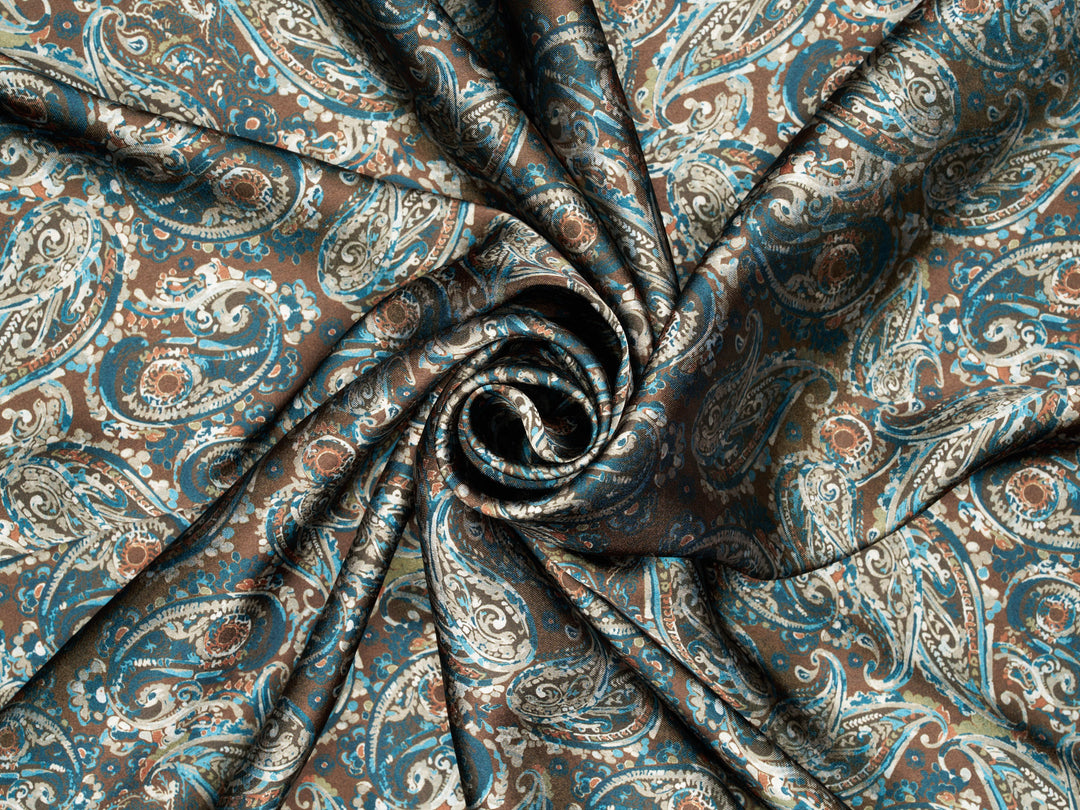 Brown Blue  Paisley - Silky Satin Charmeuse print - fabric by the yard -