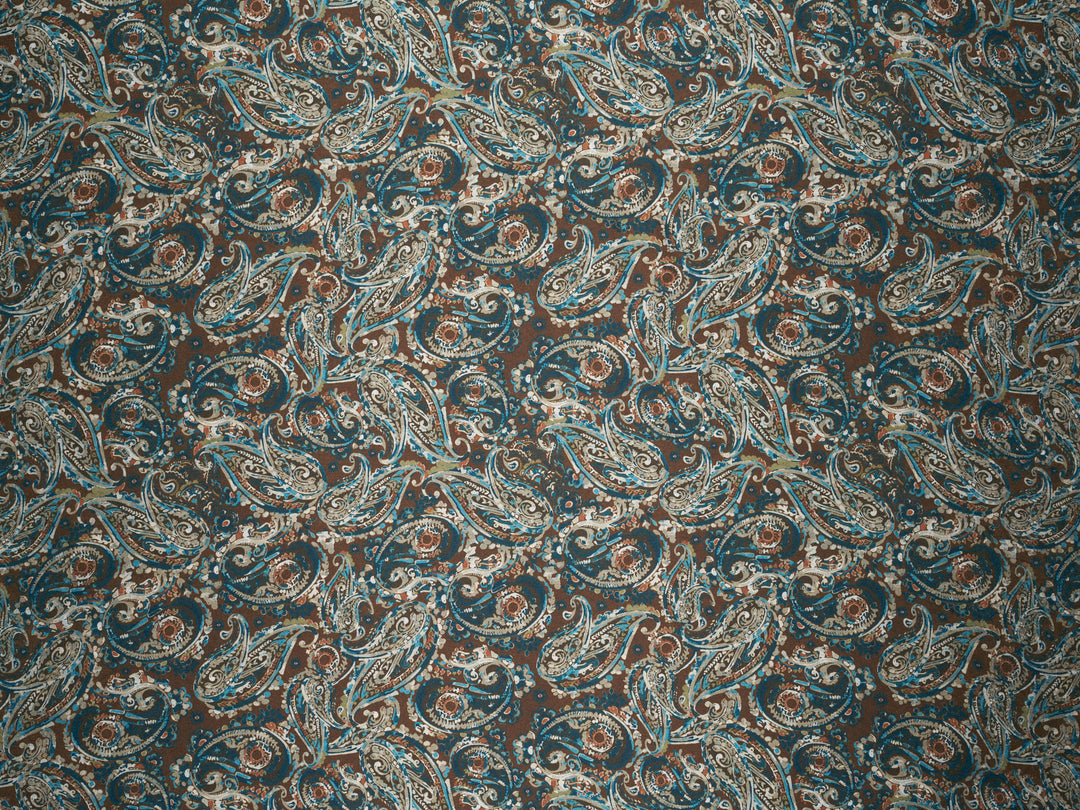 Brown Blue  Paisley - Silky Satin Charmeuse print - fabric by the yard -