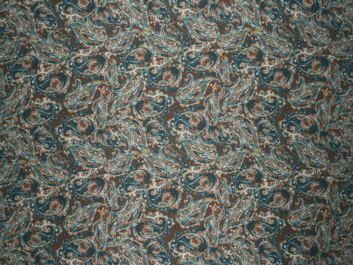 Brown Blue  Paisley - Silky Satin Charmeuse print - fabric by the yard -