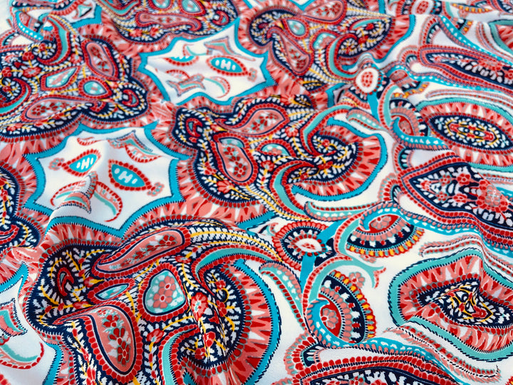 Georgette  boho tribal fabric by the yard - Orange teal turquoise paisley bohemian print