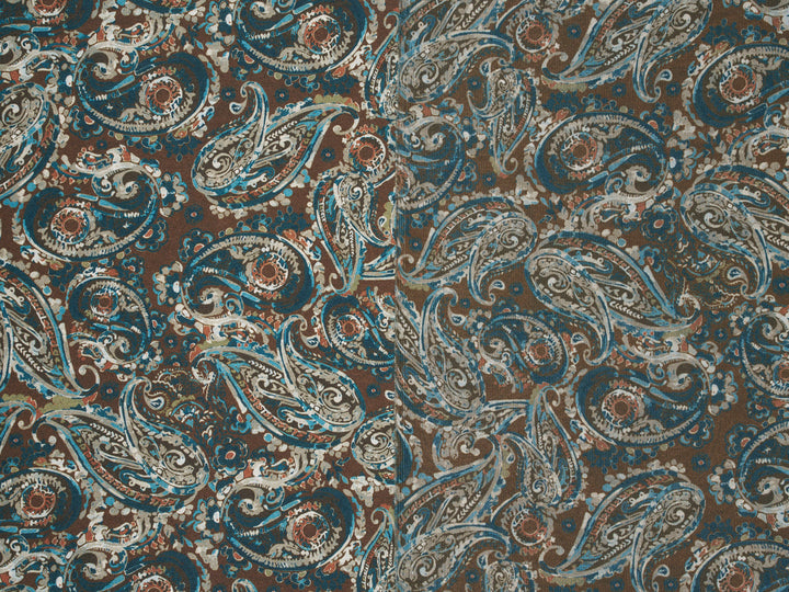 Brown Blue  Paisley - Silky Satin Charmeuse print - fabric by the yard -