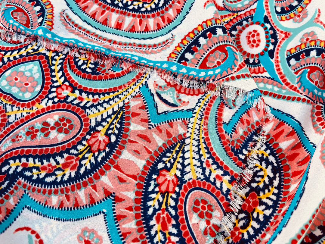 Georgette  boho tribal fabric by the yard - Orange teal turquoise paisley bohemian print