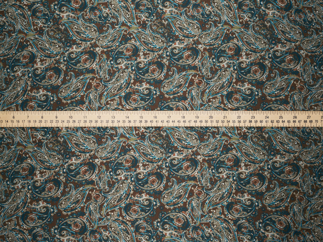 Brown Blue  Paisley - Silky Satin Charmeuse print - fabric by the yard -