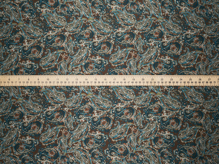 Brown Blue  Paisley - Silky Satin Charmeuse print - fabric by the yard -