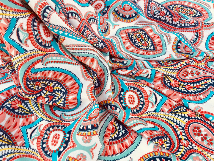 Georgette  boho tribal fabric by the yard - Orange teal turquoise paisley bohemian print