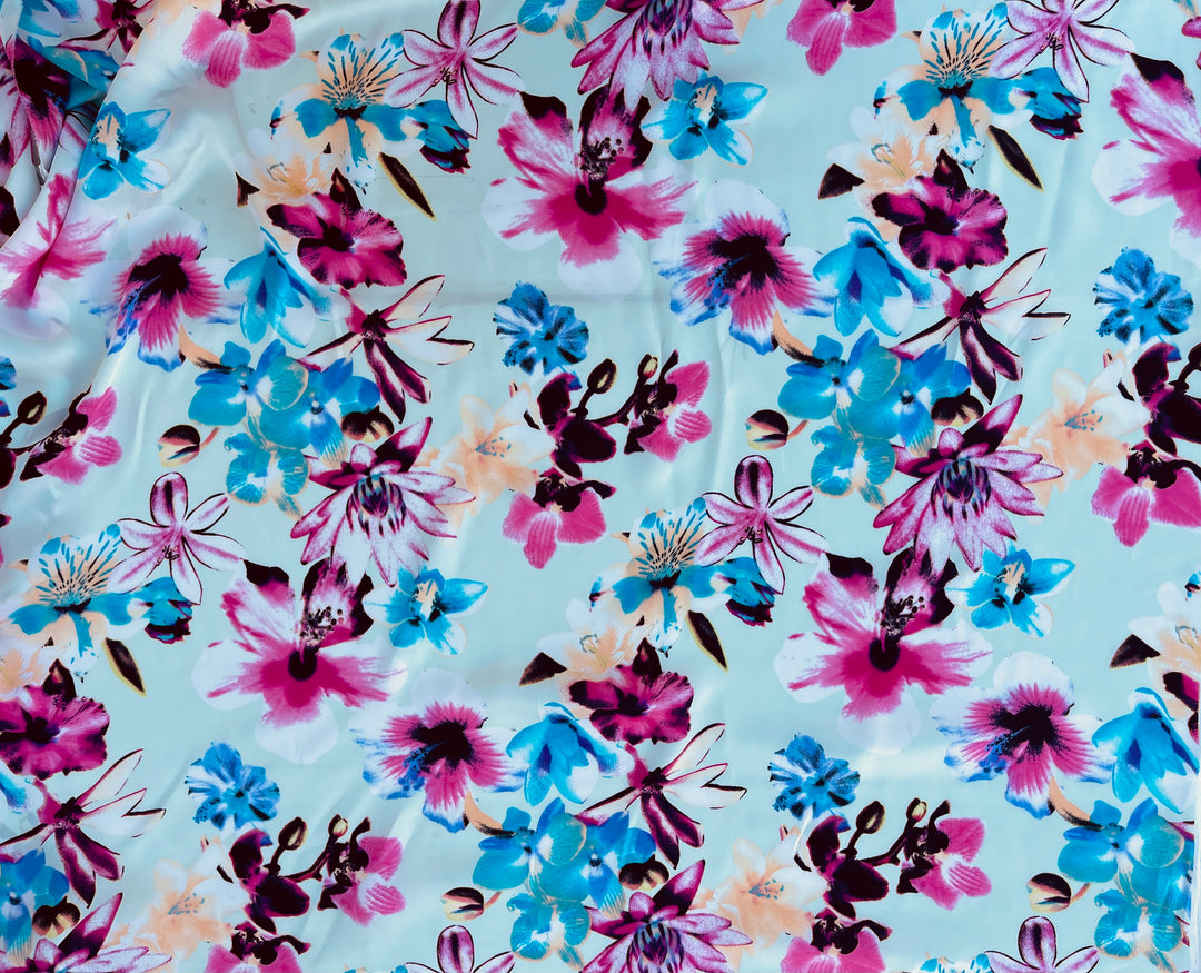 Lightweight  satin  fabric - Light green pink and blue  Floral    print